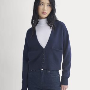 Deep V-Neck Cardigan in Cotton Merino | Navy