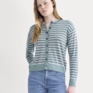 Crew Cardigan in Ultrasoft Merino | Reflecting Pond Multi Stripe