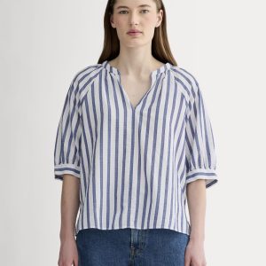The Gauze Gathered Top | White / Mazarine Blue