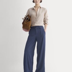Wide-Leg Belted Pant in Stretch Linen | Navy | Long