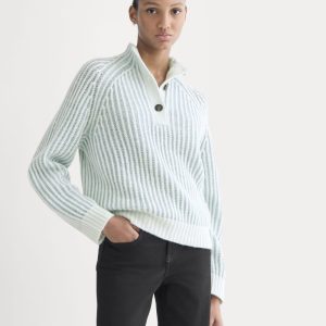 Funnel-Neck Ribbed Henley Sweater | Chalk Blue / Grey Mist Vertical Stripe