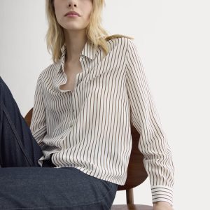 Shrunken Top in Washable Silk | Bone / Toffee Stripe